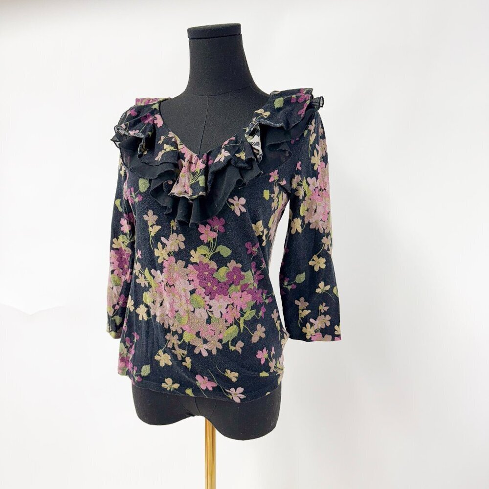 RALPH LAUREN RUFFLE TOP BLACK AND FLROAL PRINT - Picture 3 of 7